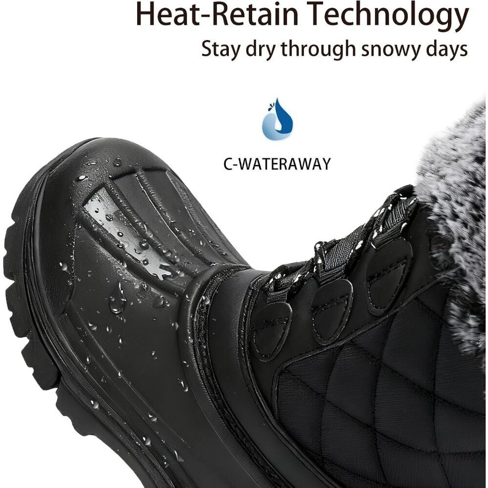 Women's Black Waterproof Winter Boots Warm Fur Lined Anti Slip Mid Calf - Picture 3 of 5